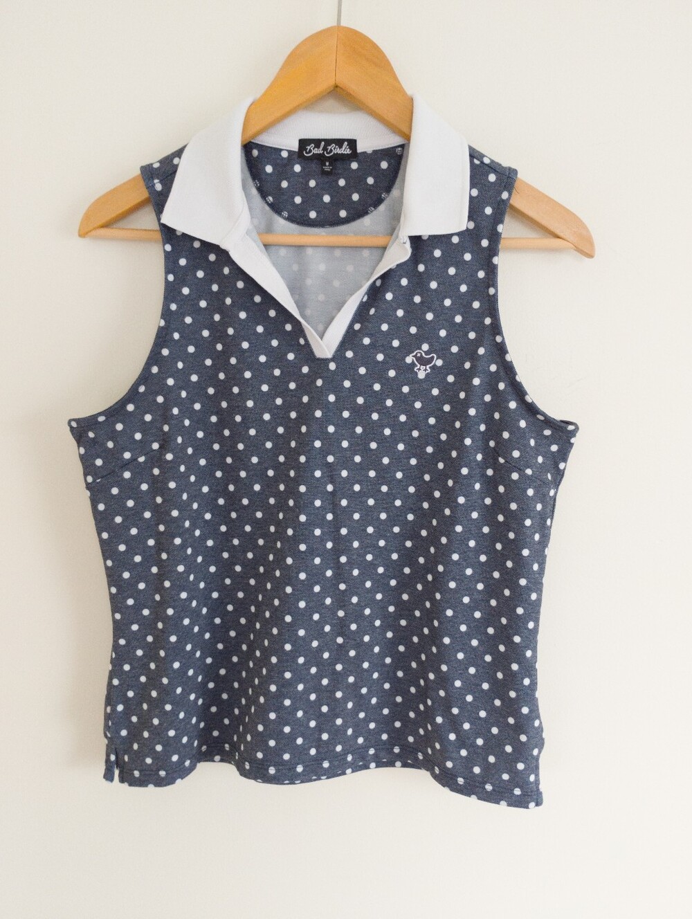 Bad Birdie Women's Medium Sleeveless Johnny Collar Golf Polo Dots Dark Navy